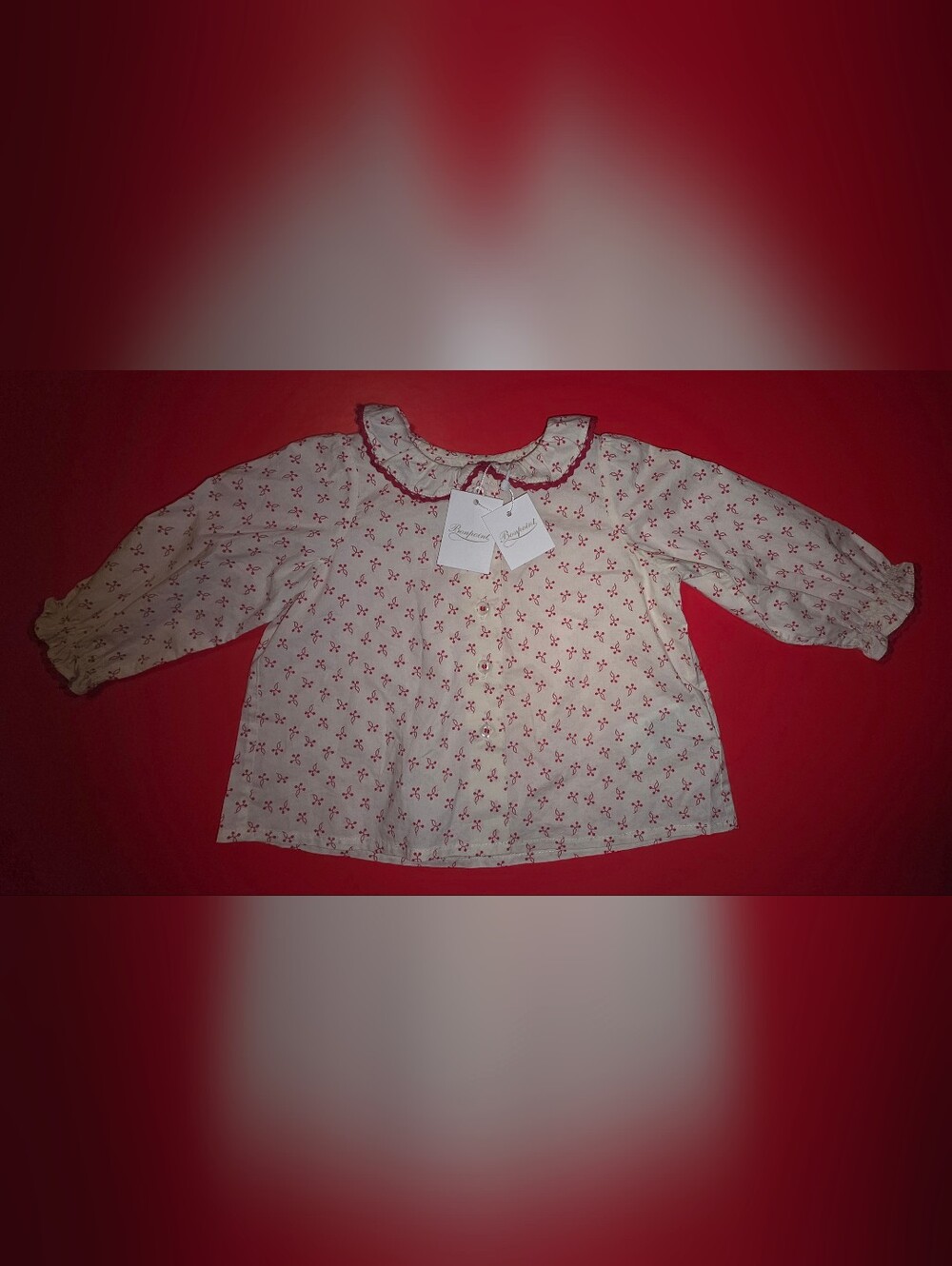 Bonpoint Cream Blouse with Red Print and Ruffled Collar